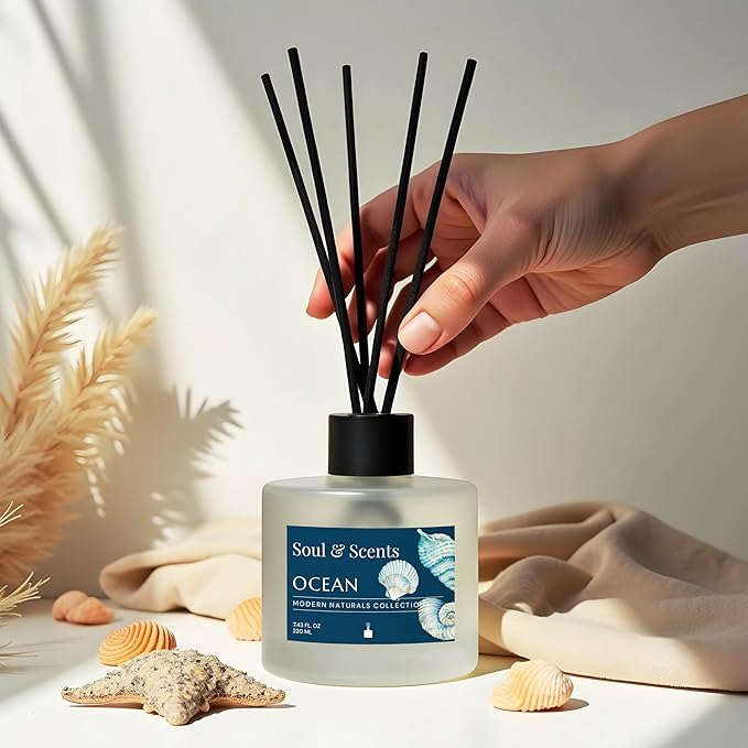 Soul & Scents Reed Diffuser Set – Ocean | 7.43 oz Refillable Scented Oil with 6 Fiber Sticks | Long-Lasting Home Fragrance & Air Freshener for Bedroom, Bathroom, Office | Gift & Décor Piece