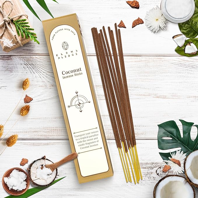 Coconut Incense Sticks, Organic Hand Dipped Incense, Natural Herbs & Aromatic Ingredients, Contain 40 Sticks Inside, Burn Time 45-60 Min, Spiritual Gifts, Incense by Karma Pledge