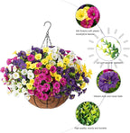 Artificial Faux Hanging Plants Flowers Basket for Spring Summer Outdoors Decoration, Fake Silk Colorful Morning Glory with Eucalyptus Look Real UV Resistant for Outside Porch Patio Balcony Garden Home