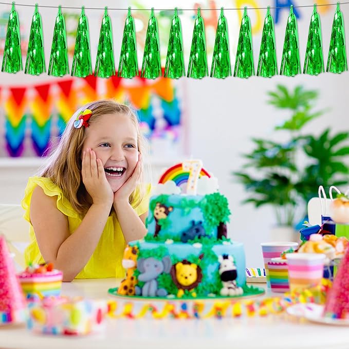 3P Green Foil Fringe Metallic Tassel Streamers Banner Tassel Garland for Parade Floats, Bachelorette, Wedding, Birthday, Halloween, Christmas, Bridal/Baby Shower Party Decorations