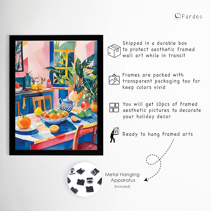 Kitchen Wall Decor Black Framed Art, 10 pcs of Kitchen Wall Art Decor, Pink Framed Quote Pictures, Pizza and Coctail Prints, Lemon Decorations for Wall Decor