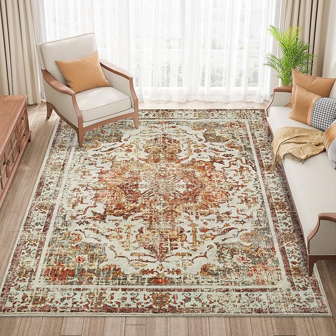 Topllen Washable Area Rug - 4'x6' Boho Living Room Rug, Non-Slip Soft Rugs Indoor for Bedroom Dining Room Office, Vintage Throw Carpet Stain Resistance (Khaki, 4x6ft)
