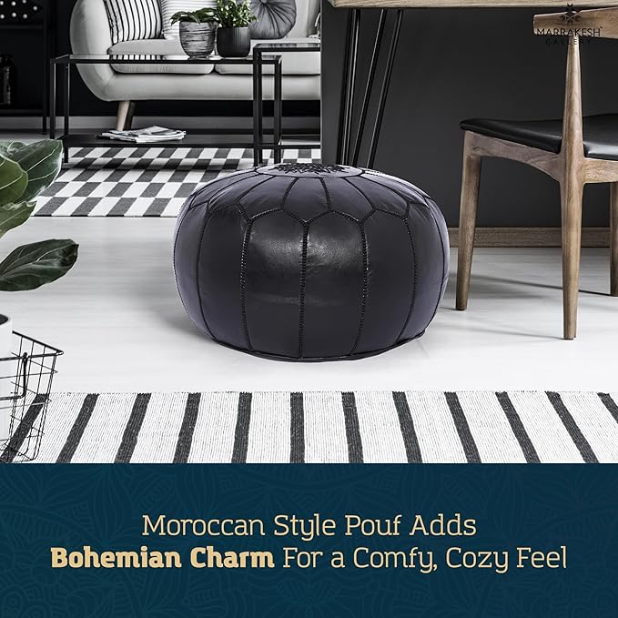 Marrakesh Gallery Genuine Leather Round Pouf Unstuffed - Moroccan Ottoman Footstool, Footrest Cover - Boho Decor - Bohemian Living Room, Bedroom, Kids Room, Gift & Wedding