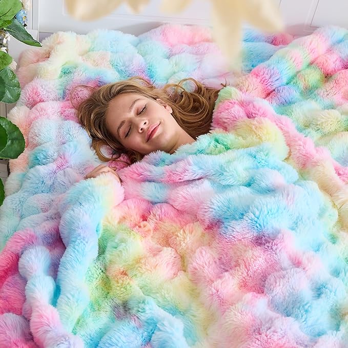 Lotus Karen Faux Fur Throw Blanket Rainbow - Big Bubble Rabbit Fluff Blanket for Couch, Small Fluffy Fuzzy Cozy Blanket, Thick Furry Plush Shaggy Blankets, 50x60 Inches