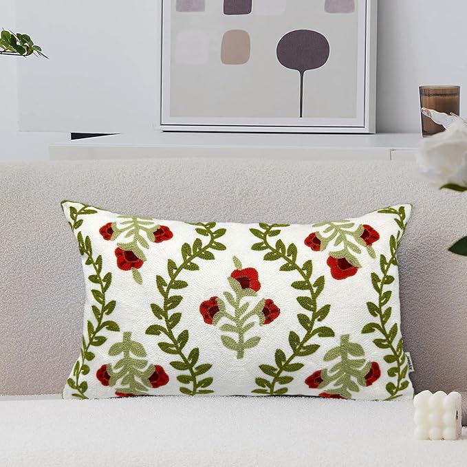 Alysheer Floral Embroidered Summer Lumbar Decorative Throw Pillow Cover 12"x 20", Farmhouse Cottage Red Flowers Green Leaves Patterned Cotton Canvas Cushion Case for Sofa Couch Bed Living Room Decor