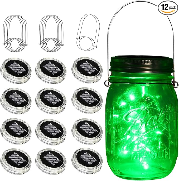 ZNYCYE Solar Mason Jar Lights, 12 Pack 30 LED Fairy Firefly Mason Jar Lids Outdoor Waterproof String Lights with Hangers(NO Jars) for Regular Mouth Jars Patio Garden Yard Wedding Decoration - Green