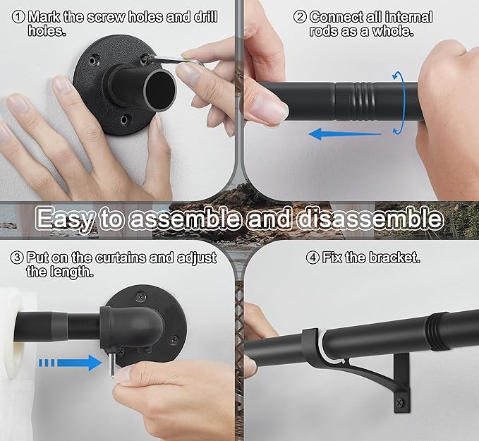 Curtain Rods for Windows 120 to 170, Heavy Duty Industrial Curtain Rods, Black Wrap Around Curtain Rod, Indoor/Outdoor Curtain Rod,1 Inch Adjustable Drapery Rods 144-170"