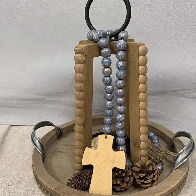 Fenisam 40" Handmade Farmhouse Bead Garland Wood with Tassel, Boho Chic Decorative String Beads Home Décor, Table Tiered Tray Country Wooden Accents (Ocean Mist Gold, Small)
