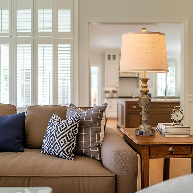 Farmhouse Table Lamps for Living Room Set of 2, Rustic Table Lamp with USB Ports, 28" Tall Table Lamps for Bedroom Nightstand, Bulb Not Included