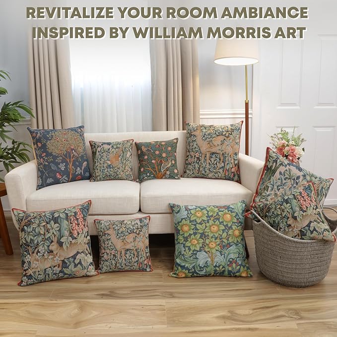 Charlotte Home Furnishings Decorative Tapestry Pillow Cover 19x19 in, Blue Kelmscott Couch Throw Pillow Cover, French Country Square Cushion Cases for Bed Room Home Decor, Soft Cotton Jacquard Woven