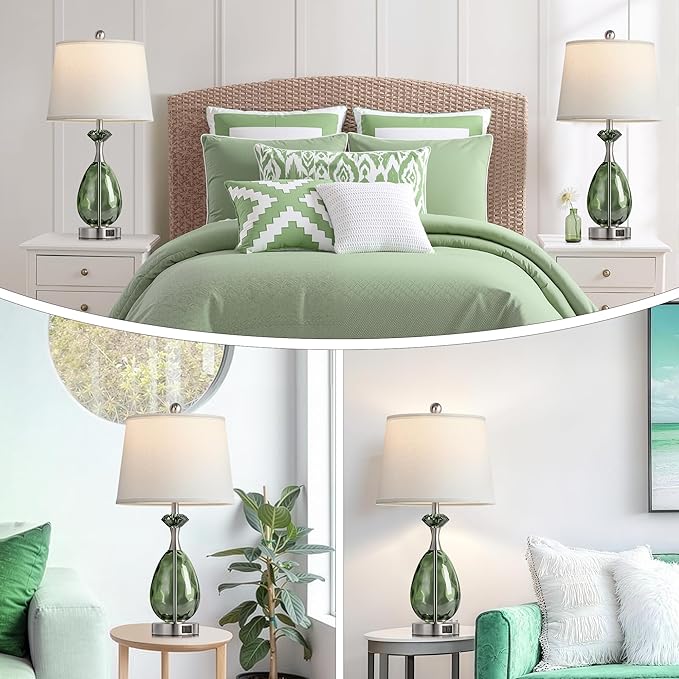 Coastal Glass Table Lamps Set of 2, 3-Way Dimmable Touch Control Nautical Lamp with USB A+C Ports,Bedside Lamp Beach Decor,Nightstand Lamp with White Shade for Living Room Bedroom(LED Bulbs Included)