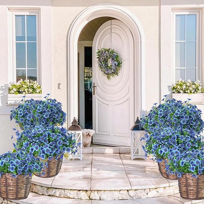 24 Bundles Artificial Flowers for Outdoors & Indoors – UV Resistant Faux Plastic Plants for Garden, Patio, Porch, Window Box, Home Decor – Lush & Vibrant Fake Flowers, Blue