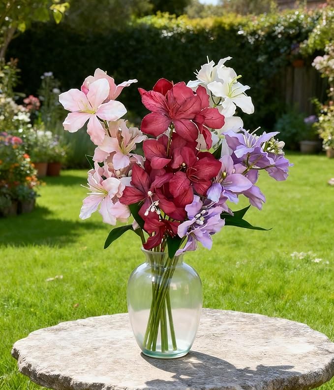 10-Bud Artificial Lily Flowers, 4 Pcs Fake Outdoor Flowers, UV Resistant Faux Flowers for Outdoor Planters, Silk Flowers for Wedding Decoration (Mixed)