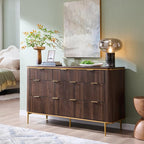 T4TREAM Fluted 7 Drawers Dresser for Bedroom, 54" Wide Modern Dresser TV Stand, Gold Accents, Fluted Fronts, Wood Storage Dressers Organizer for Bedroom, Living Room, Dark Walnut