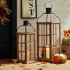 Glitzhome Set of 2 Oversized Farmhouse Wood Lanterns with Metal Top Decorative Hanging Candle Lanterns for Home Décor, Natural (No Glass)