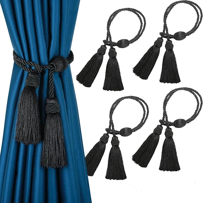Curtain Tiebacks with Tassel,Modern Rope Window Curtain Ties Backs for Draperies, Outdoor Elegant Decorative Curtain Holdbacks 4 Pack