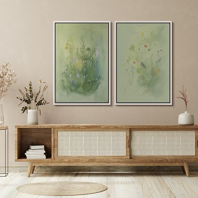 SIGNFORD Framed Canvas Print Wall Art Set Whimsical Green Wildflower Illustration Modern Art Decorative Nordic Nature for Living Room, Bedroom, Office - 16"x24"x2 White