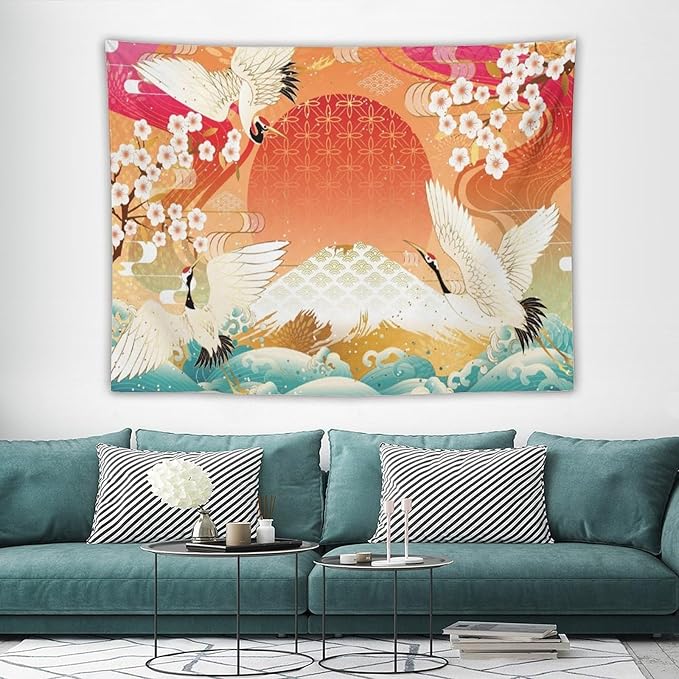 HZOHNAGO Japanese Tapestry Cherry Blossom Crane Sea Wave Fuji Mountain Red Sun Pattern Printed Wall Tapestry Painting Wall Hanging for Bedroom Living Room Dorm 80" W x 60" H