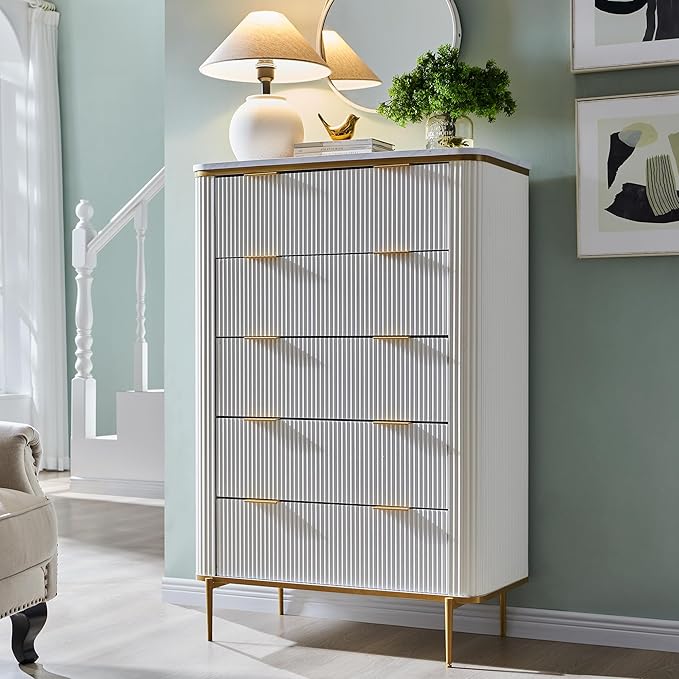 T4TREAM Fluted 5 Drawers Dresser for Bedroom, 48" Tall Modern Dresser Chest of Drawers, Gold Accents, Fluted Fronts, Wood Storage Dressers Organizer for Bedroom, Living Room, Off White