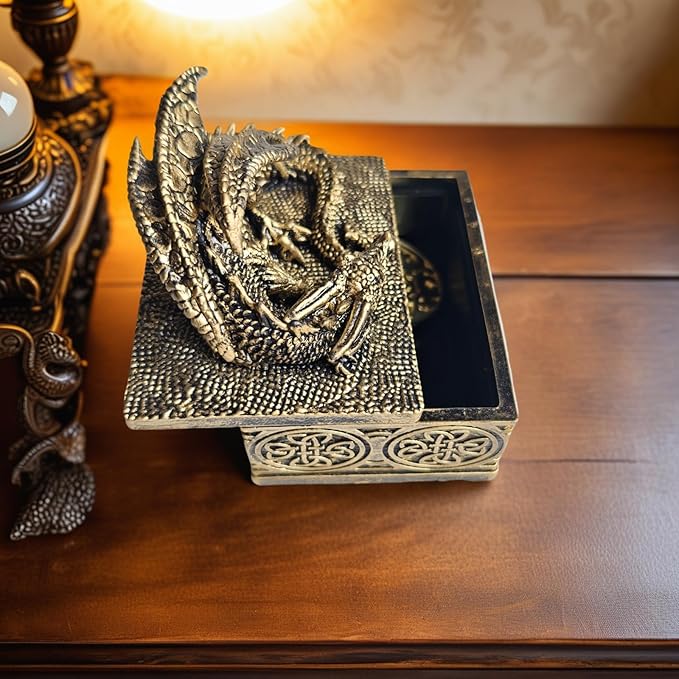 Dragon Statue Jewelry Box - Medieval Fantasy Myth with Cover Treasure Box, Dragon Statue Decoration Collection Gift Box (Antique Bronze)