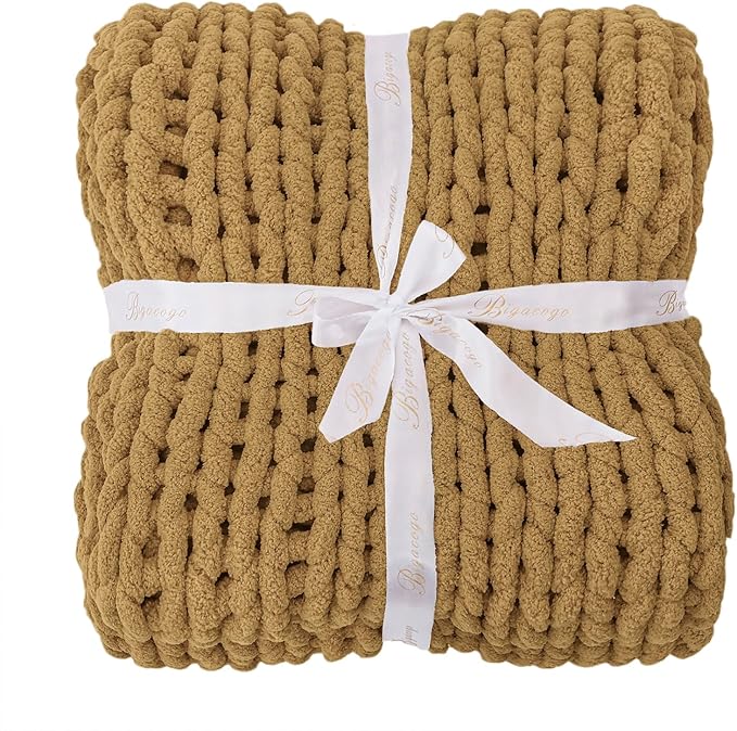 Bigacogo Chunky Knit Throw Blanket for Couch, 40x40 inches, 100% Hand Knitted with Thick Jumbo Chenille Yarn, Cozy Soft Large Rope Knot Cable Crochet Blankets for Sofa Bed Living Room, Goldenrod