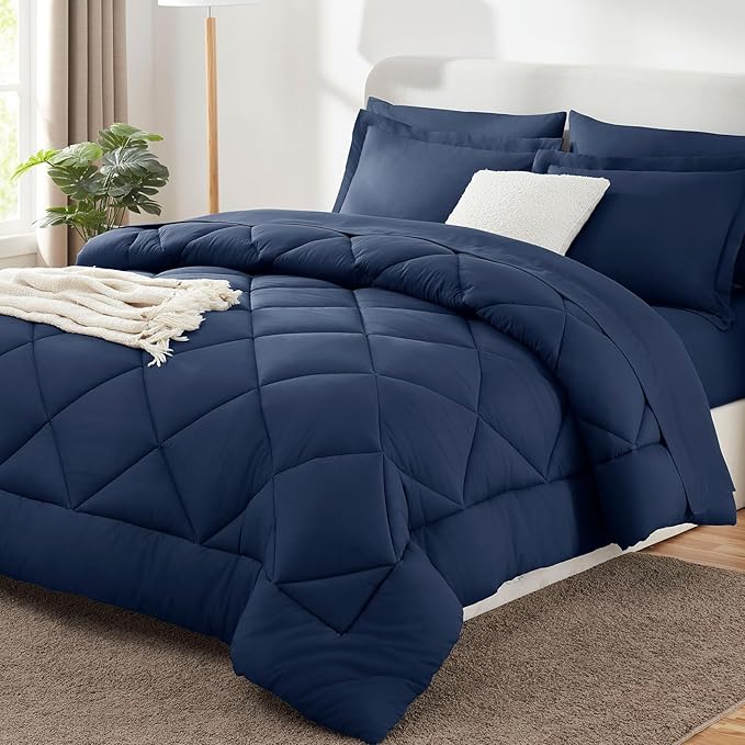 CozyLux Oversized King Comforter Set Navy Blue, 7 Pieces Bed in a Bag Comforter Set with Sheets Luxury Bed Set for All Seasons, Bedding Set with Down Alternative Comforter, Sheets, Pillowcases & Shams