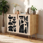 SIGNWIN Sideboard Buffet Cabinet, Kitchen Storage Cabinet with 2 Doors, Brown & Black Pastel Polygon, Cupboard Console Table for Dining Room - 35" L x 18" W x 29" H