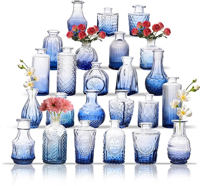 Glass Bud Vase Set of 24, Small Flower Vases, Glass Vases for Centerpieces, Vintage Home Table Decorations Bud Vases (24 Pcs, Blue)