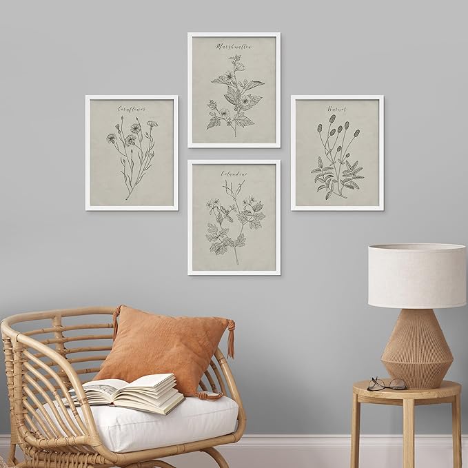 SIGNWIN Framed Vintage Wildflower Wall Art, Set of 4 Plant Collage Drawing Wall Decor Prints, Nature Wilderness Wall D¨¦cor for Living Room, Bedroom - 12"x16" White