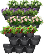 Worth Garden Upgraded 6 Sets (18 Pockets) Self Watering Stackable Vertical Planters - Wall Mounted Plastic Plant Grow Pots fr Strawberries Flowers Herbs - Indoor Outdoor Green Wall Decoration (Black)