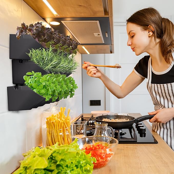 Worth Garden Upgraded 6 Sets (18 Pockets) Self Watering Stackable Vertical Planters - Wall Mounted Plastic Plant Grow Pots fr Strawberries Flowers Herbs - Indoor Outdoor Green Wall Decoration (Black)