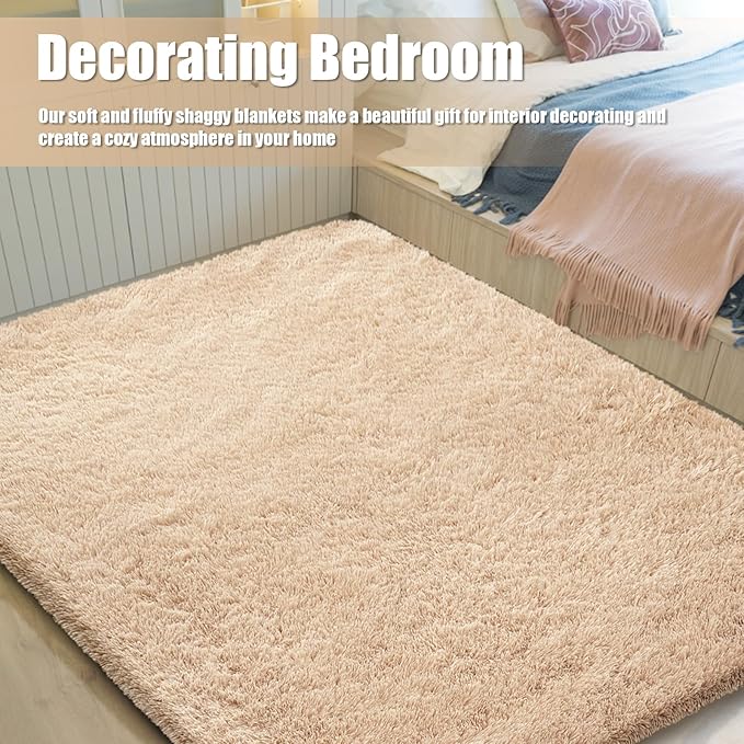 Ultra Soft Fluffy Area Rugs for Bedroom Living Room 10x14, Nursery Rug, Non-Slip Carpet for Kids Dorms Decor, Shaggy Bedside Rug, Beige
