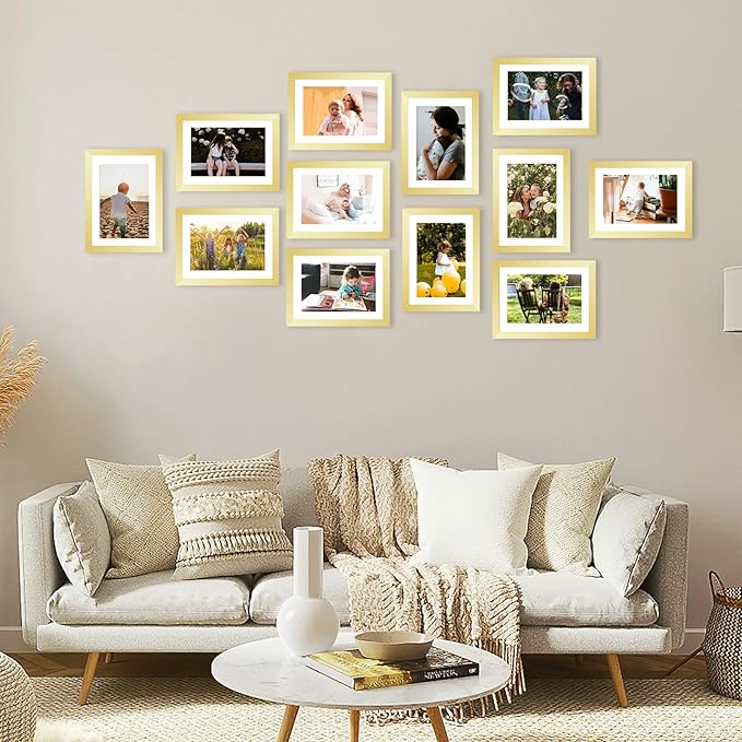 12 Packs 5x7 Picture Frames Bulk, Display 4x6 with Mat or 5x7 Without Mat, Gold Gallery Frame Set, 5 by 7 Frames Bulk Set of 12, Collage Wall Decor Photo Frame Set for Wall and Tabletop, Gold