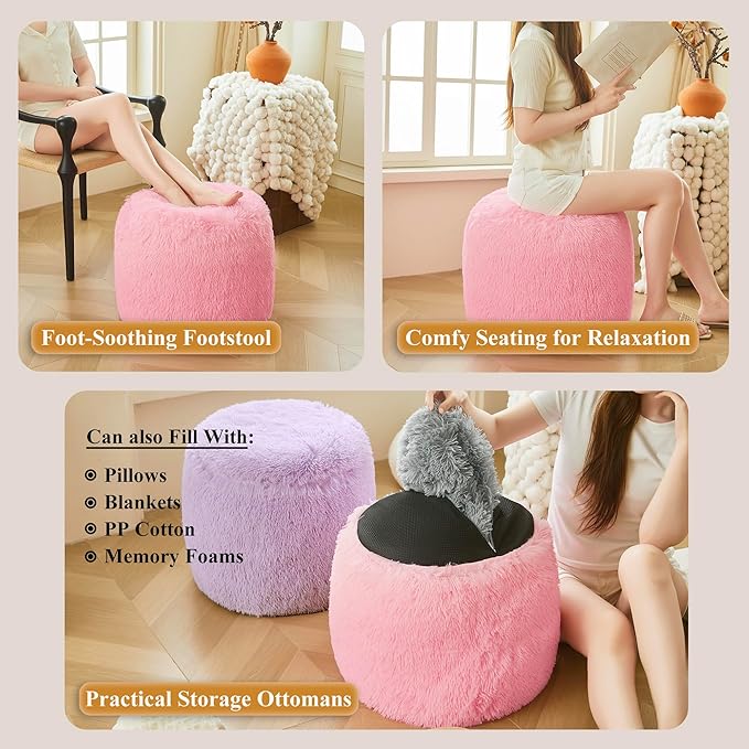 XeGe Fluffy Faux Fur Inflatable Pouf Ottoman, Cozy Shaggy Fuzzy Foot Stool, Plush Furry Foot Rest Floor Pouf Anti-Slip Kid Girl Adult, Foldable Round Ottoman Cushion for Living Room Bedroom, Pink