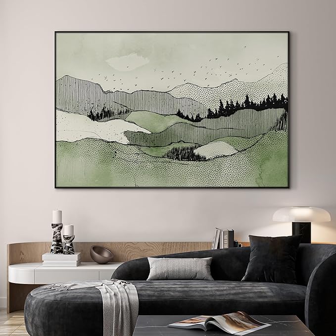 SIGNWIN 46"x72" Extra Large Framed Wall Art Green Line Art Mountain Landscape Illustration for Home Living Room Bedroom Decor (Frame Assembly Required)