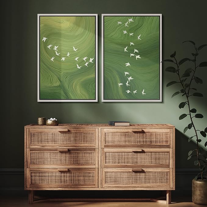 SIGNFORD Framed Canvas Print Wall Art Set Green Swirl Abstract White Birds Illustration Modern Art Decorative Nordic Nature for Living Room, Bedroom, Office - 16"x24"x2 White