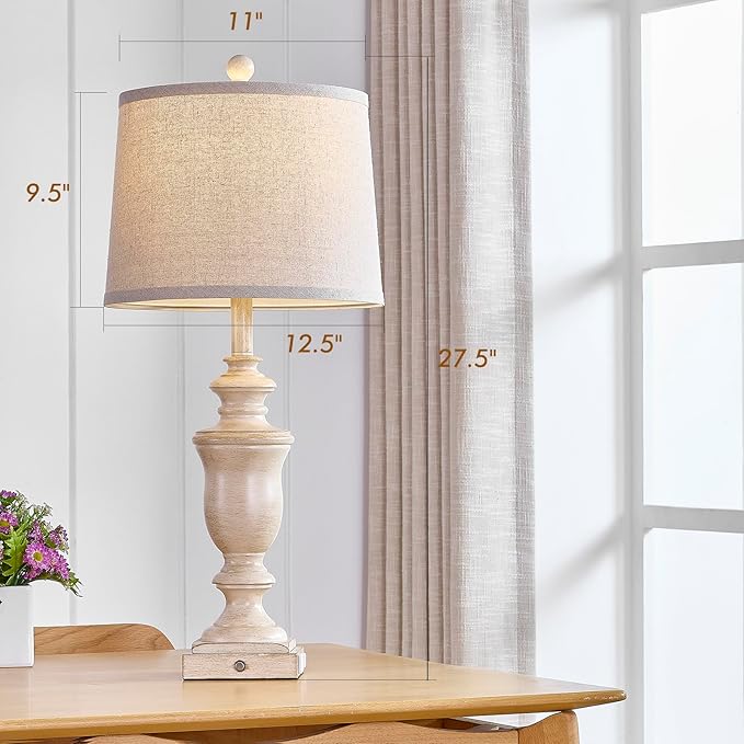 27.5" Set of 2 Farmhouse Table Lamps for Bedroom, 3 Way Dimmable Bedside Lamp with 2 USB +AC Outlet Nightstand Lamps for Living Room Resin Rustic Touch Lamps (Antique Beige)
