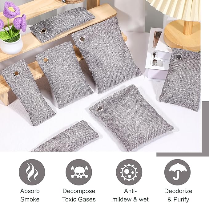 Nuanchu 24 Pcs Activated Charcoal Odor Absorber 50g/100g/200g, Air Purifying Bamboo Charcoal Bags, Natural Shoe Odor Absorber, Deodorizer Absorbers for Fresh Car Home Closet Pet Basement Smell(Grey)