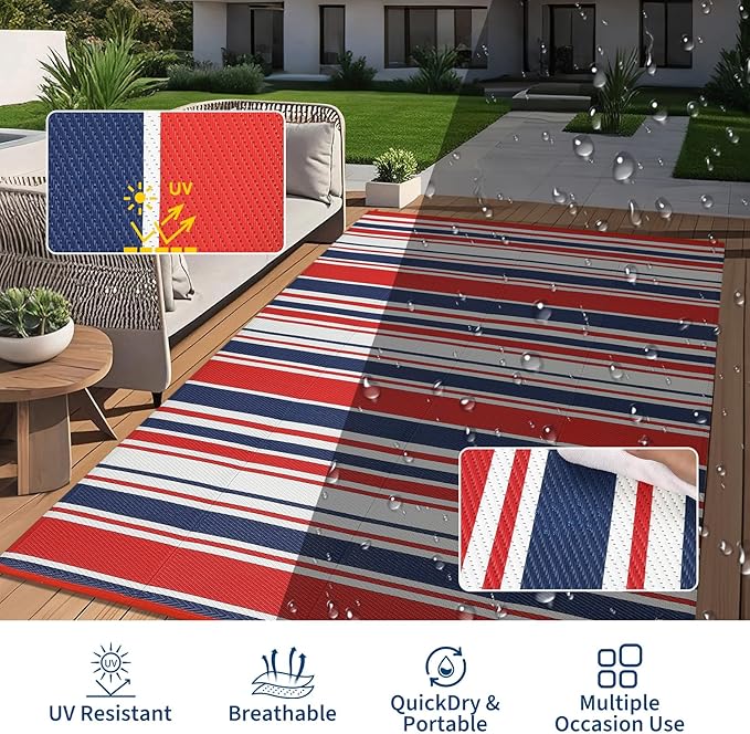 Outdoor Patio Rug 9x12 Stain-Resistant Reversible Camping Mat, Modern Striped Outdoor Plastic Straw Rug, Waterproof Outside Carpet, Easy to Clean for RV, Porch, Deck, Balcony, Red Blue White
