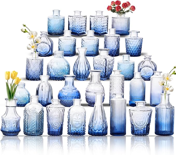 Glass Bud Vase Set of 30, Small Flower Vases, Glass Vases for Centerpieces, Vintage Home Table Decorations Bud Vases (30 Pcs, Blue)