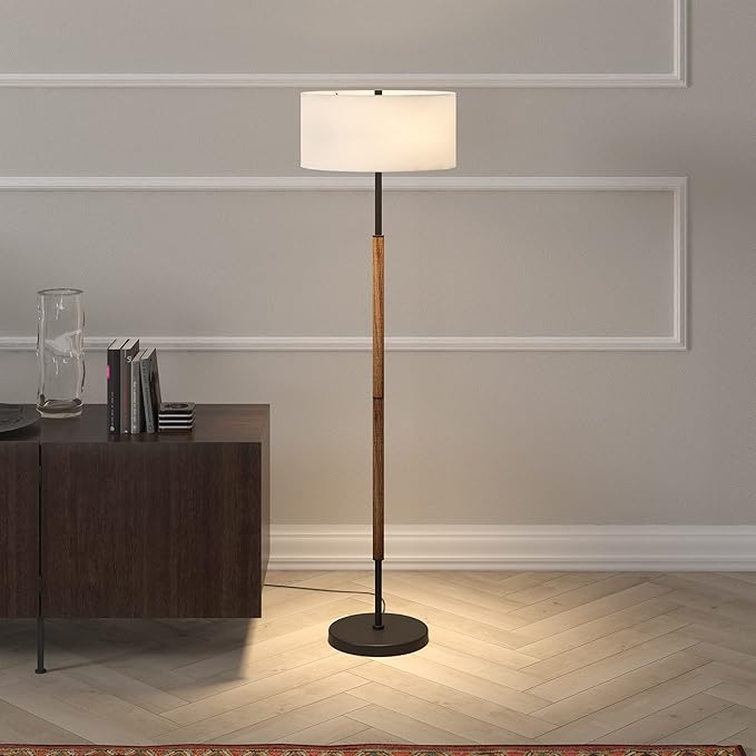Henn&Hart 2-Light Floor Lamp with Fabric Shade in Blackened Bronze/Rustic Oak/White, Floor Lamp for Home Office, Bedroom, Living Room, 61" Tall