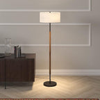 Henn&Hart 2-Light Floor Lamp with Fabric Shade in Blackened Bronze/Rustic Oak/White, Floor Lamp for Home Office, Bedroom, Living Room, 61" Tall