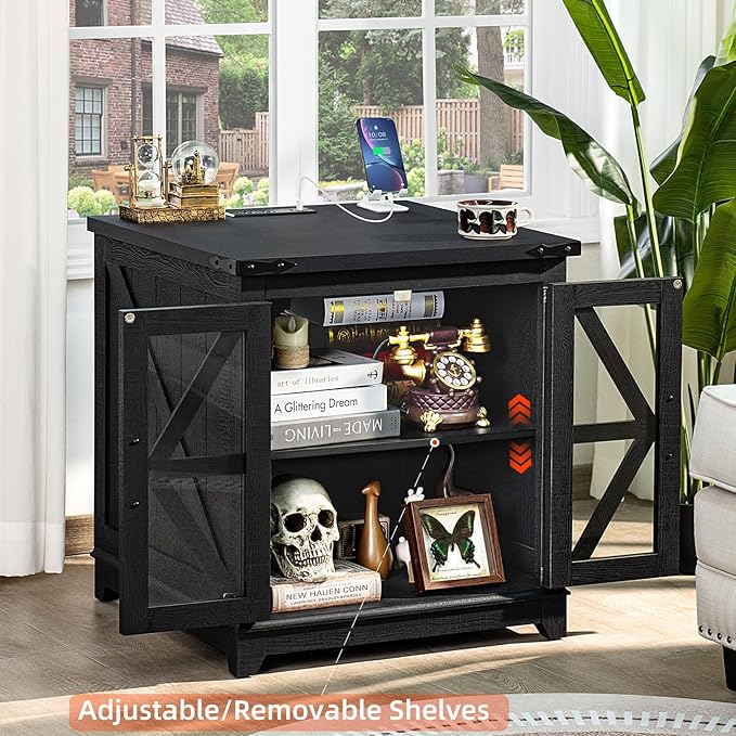 Farmhouse End Table with Charging Station, 24" Large Sofa Side Table with Glass Barn Door, Green Nightstand with Adjustable Storage Shelf, Wood Square Bedside Table for Living Room, Bedroom