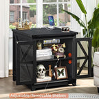 Farmhouse End Table with Charging Station, 24" Large Sofa Side Table with Glass Barn Door, Green Nightstand with Adjustable Storage Shelf, Wood Square Bedside Table for Living Room, Bedroom