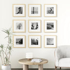 Vittanly 12x12 Picture Frames Set of 9, Shatter Resistant Plexiglass, Display 8x8 Pictures with Mat or 12x12 without Mat, Photo Frames for Wall Mount, Engineered Wood, OAK