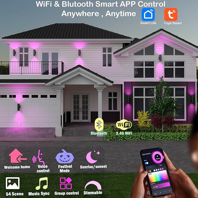 Bling RF Remote Control RGB Colour Changing Lighting LED Double Up and Down Outdoor Wall Light,White Temperature 2700k- 6500k RGB+CCT Exterior Wall Lighting (4 Pack)