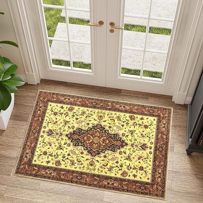 Topllen Entryway Rug - 2'x3' Boho Soft Low Pile Washable Area Rug, Non-Slip Small Rugs Indoor for Front Door Entrance Kitchen Bathroom, Vintage Carpet Stain Resistance (Red, 2x3ft)