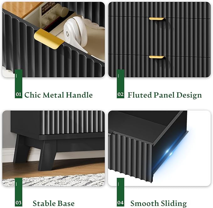 Fluted Nightstand with Charging Station, 24" Wide Bedside Table with 3 Large Storage Drawers, Modern Wood Side Table Night Stand, End Table Small Dresser for Bedroom, Living Room, Dorm, Black