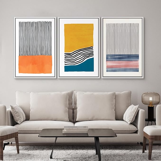 SIGNWIN Framed Wall Art Print Set Orange, Yellow, Blue & Pink Color Blocks and Lines Abstract Shapes Illustrations Modern Art Chic Multicolor for Living Room, Bedroom, Office - 24"x36"x3 White