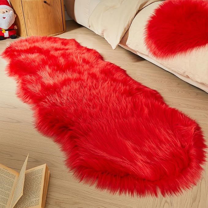 AMTOVO Faux Sheepskin Rug, Red Ultra Soft Fluffy Shag Area Rug, 2 x 6 ft Faux Fur Rug for Bedroom Sofa Throw Cushion Room Decor, Sheepskin